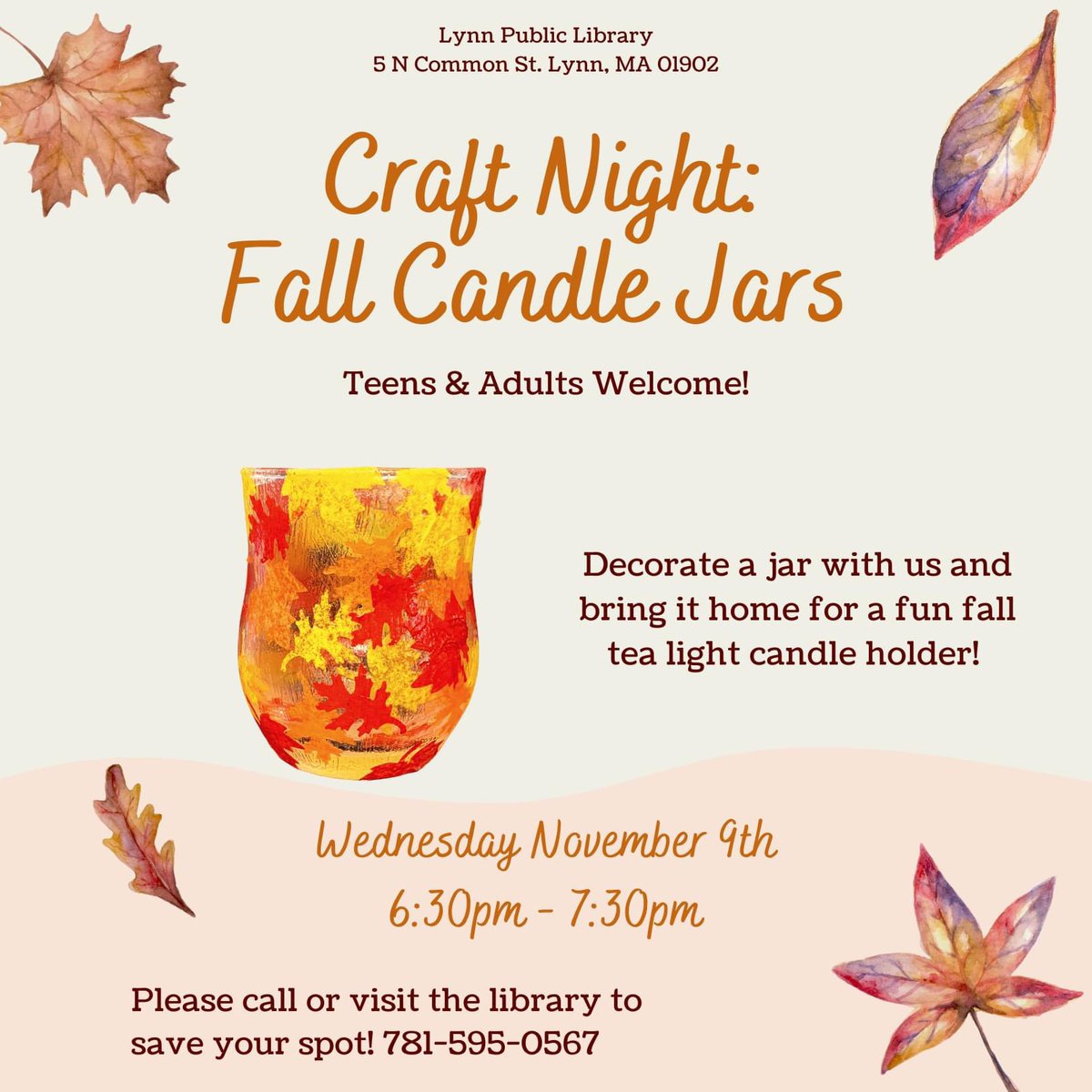 LynnLibrary's tweet photo. Create a Fall Candle Jar with us on Wednesday, November 9th at 6:30pm. This program is for adults and teens. To save your spot, please call us at 781-595-0567. https://t.co/8E1HSxCEEu