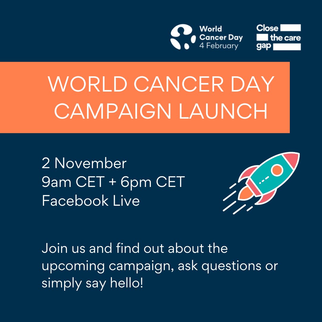 Join us for the World Cancer Day 2023 launch!

🔴 Wednesday 2 November
🟠 9am CET + 6pm CET
🟡 Facebook Live

Join us and find out about the upcoming campaign, ask questions or simply say hello!

➡️ fb.me/e/1XRcwcH1Y