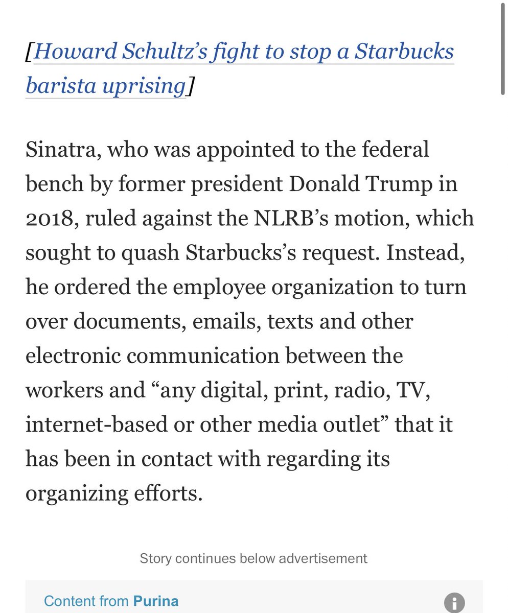 GoodPoliticGuy's tweet photo. this story is insane trump appointed judge rules starbucks gets access to private communications between union workers and journalists. just brazen union intimidation and anti 1st amendment. https://t.co/7NSN1nXlqV