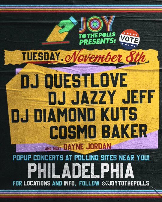 🎉 Check out our full #ElectionDay lineup in Philly! Make a plan to #VOTE, hit the polls on 11/8, & catch DJ @questlove, @djjazzyjeff215, @djdiamondkuts, and @CosmoBaker, w host @DayneJordan3D + @PizzaToThePolls popping up at polling places all over town. ➡️ Follow us for where!