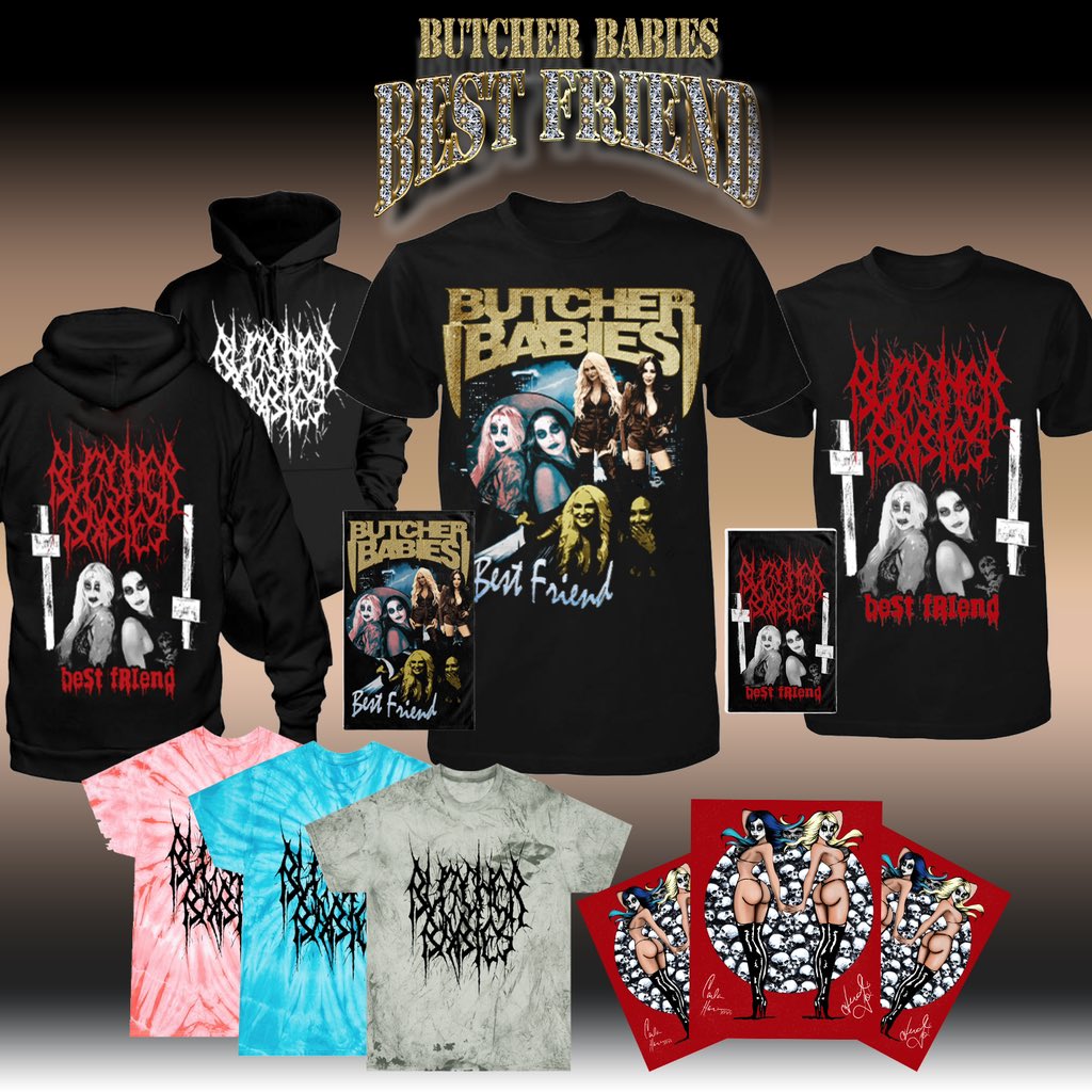 Our brand-new Best Friend collection is now available! butcherbabiesmerch.com/.../best-frien… Featuring: -Best Friend Bootleg Rap tee w/ Matching Hype Towel -Best Friend Bootleg Black Metal tee w/ Matching Hype Towel -Tie-Dyed to Death Tees -That's My Best Friend Poster (Art by @carlaharvey)