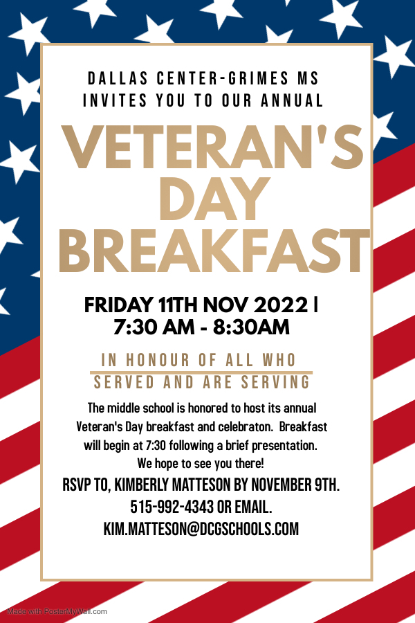 DCGMS's tweet photo. Veteran's Day Breakfast will be held on November 11th.  from 7:30-8:30 AM.  Please call the middle school for your reservation. https://t.co/uELE32WQeS