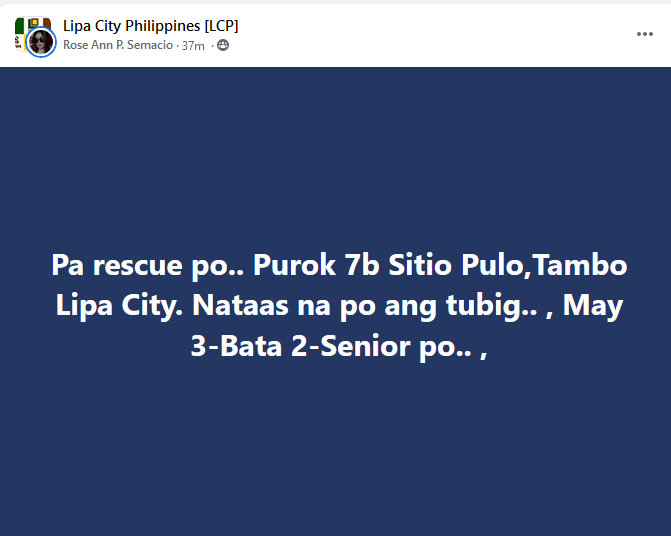 Wala pa pong nagrerescue hanggang ngayon

Batangas
#PaengPh 
Lipa City 
<a href="/batspiocapitol/">Batangas PIO Capitol</a>