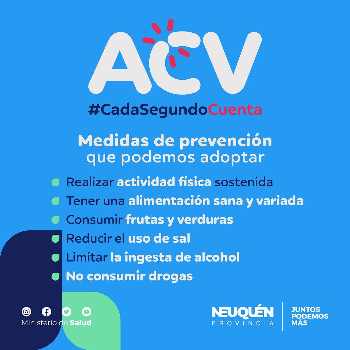 🧠 Hoy es el #DíaMundialDelACV, una oportunidad para recordar que cada segundo cuenta, por eso es esencial conocer los signos de alerta para llamar al 107 o pedir ayuda al hospital más cercano.

#CadaSegundoCuenta