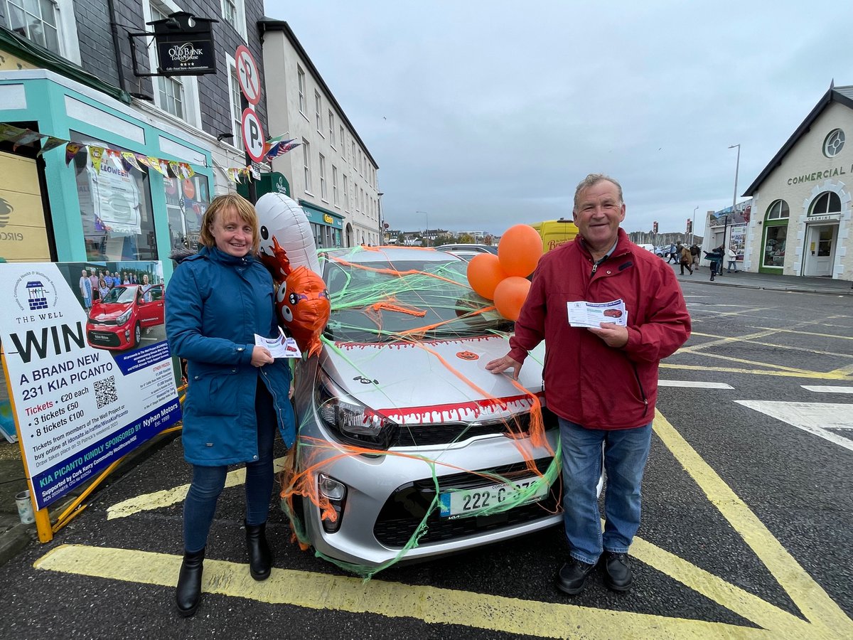 WellKinsale's tweet photo. Pat and Mags doing mighty work.  Tickets for a brand new 2003 Kia Picanto sponsored by @NyhanMotorsCork  €20, 3 for €50 or 8 for €100 or on https://t.co/lcPsjQo3Yd - help us provide a home for Kinsale Youth Community Centre, Kinsale Youth Support Services @ Kinsale Men's Shed. https://t.co/MZO7cZYPoN