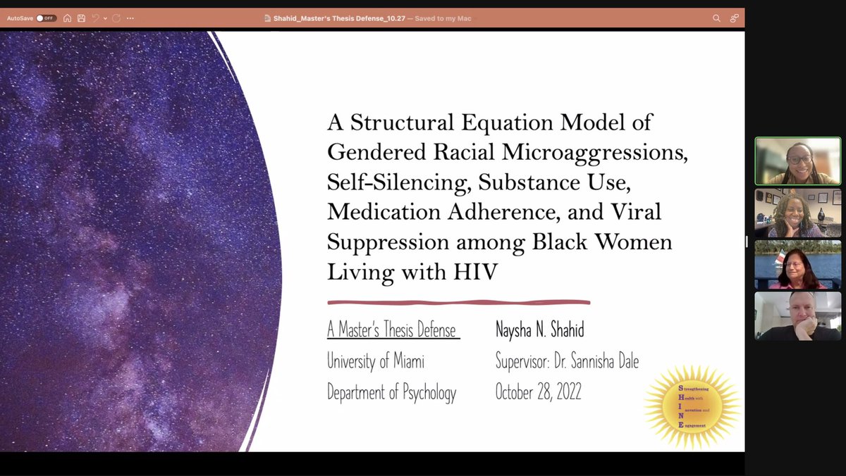 Congratulations to Naysha Shahid 🎉👏🏾 who successfully defended her thesis yesterday on “Gendered racial microaggressions, self-silencing, substance use, medication adherence, and viral suppression among Black Women Living with HIV” Thankful to our participants ♥️ @researchshine