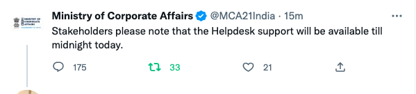 FCSJigarShah's tweet photo. 175 replies in 15 mins on tweet saying #MCA helpdesk is working till midnight to solve error. 

I hope if they can solve even errors mentioned in replies they might not need any more queries till midnight. 

#CSTwitter https://t.co/kqMi3Gmn8r