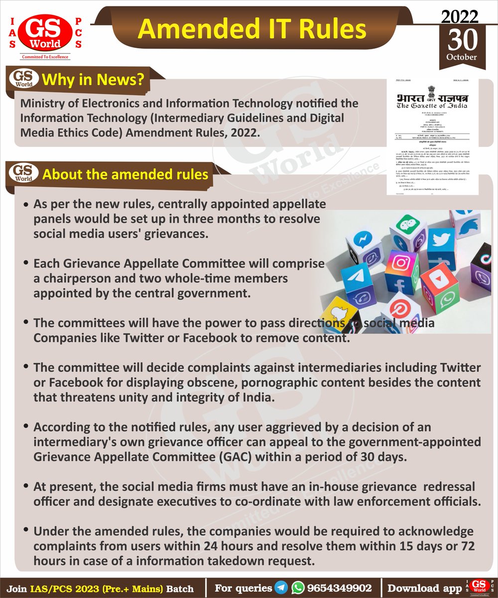 GSWORLDIAS1's tweet photo. In today’s #ConceptBooster, know about Amended IT Rules.

#GSWORLD #IAS #UPSC #UPPCS #India #AmendedITRules #ITRule #Facebook #Twitter #GAC https://t.co/KRqBfSdpqx