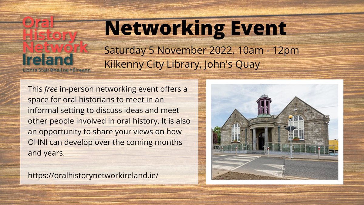 OralHist_ie's tweet photo. Calling all oral history enthusiasts in Kilkenny. Our next in-person networking event takes place @kilkennylibrary 3 John's Quay next Saturday 5 November from 10am to 12pm. Places are limited so register to guarantee your spot https://t.co/FggLsQFnkp #Kilkenny #OralHistory https://t.co/ORVF6uUaTx