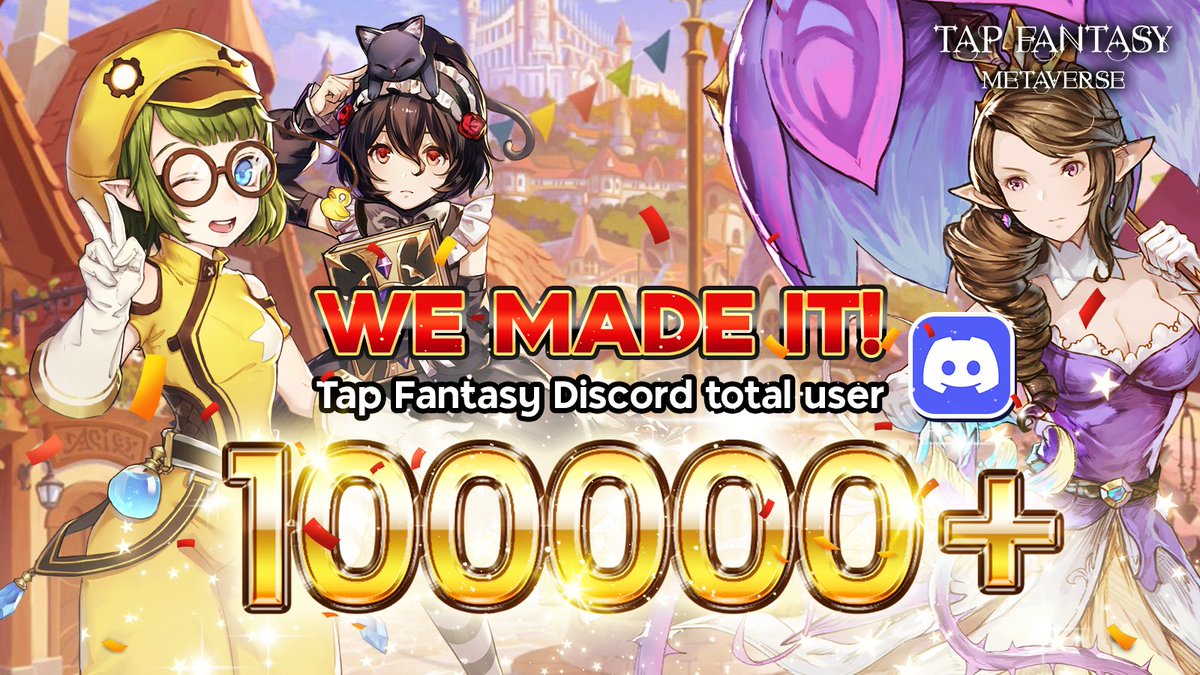 Tapfantasy2025's tweet photo. Guys! We are so excited to let you know #TapFantasy  Discord has reached 100K total users!🎉

To celebrate this great news, we have set a little giveaway for you and we hope everyone can help us to share this news!✨

💰5000 TAP * 3 #Airdrop 
❤️RT Comment &amp; Tag 1 friend https://t.co/1qjjVRiWGU