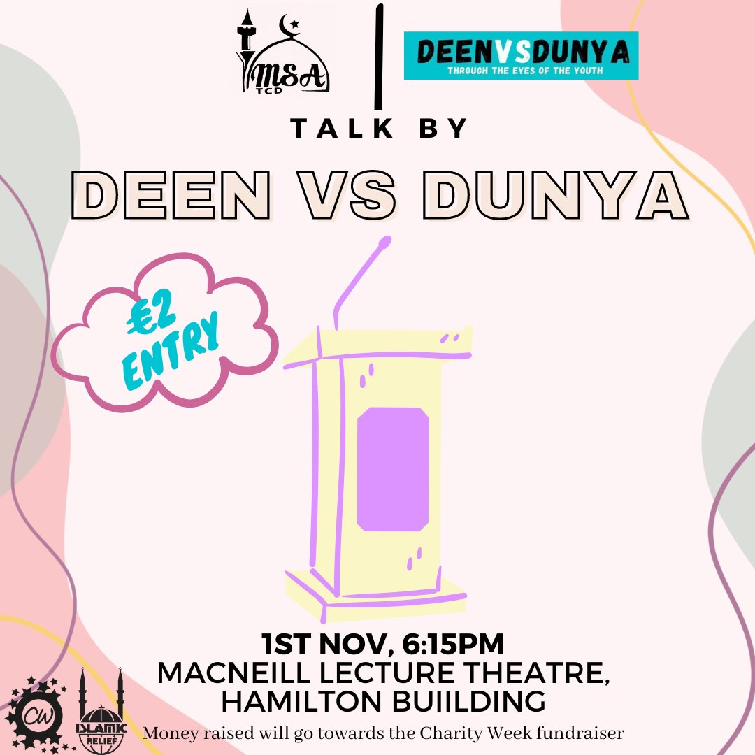 Deen vs Dunya will be giving us a talk on Tuesday, 1st November🥳🥳🥳
📍Macneill Lecture Theatre, Hamilton Building️ 

🎟 There is a €2 entry fees, to be paid at the door in order to raise funds for the needy as part of Charity Week🧡💙🧡💙

#CW2022 #UnitedWeWin #CharityWeek
