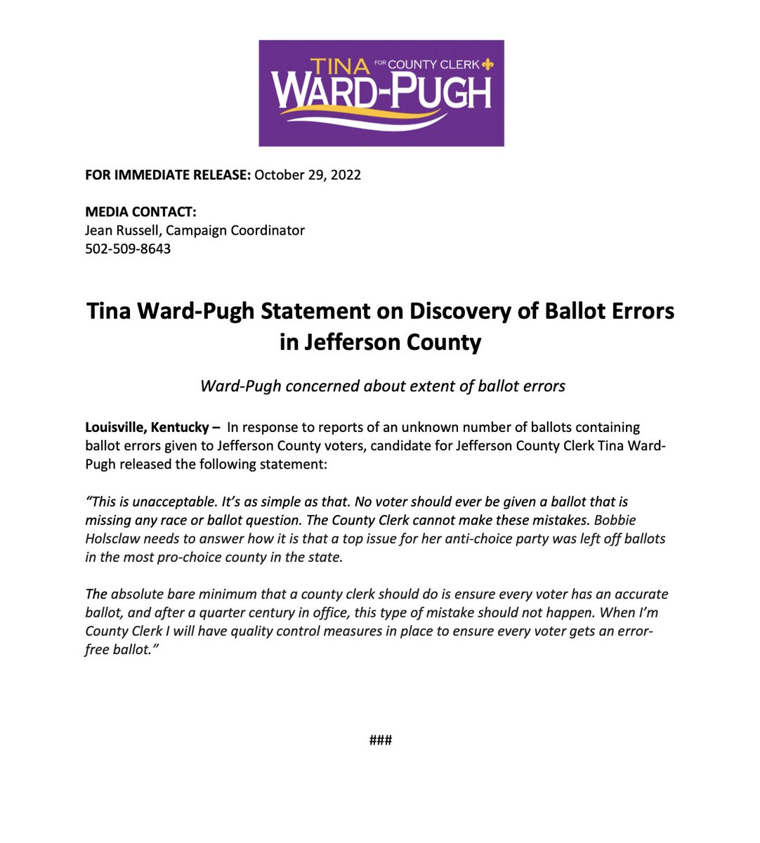 My statement on reports of an unknown number of ballots with ballot errors being given out to Jefferson County voters.  In short: It's unacceptable.