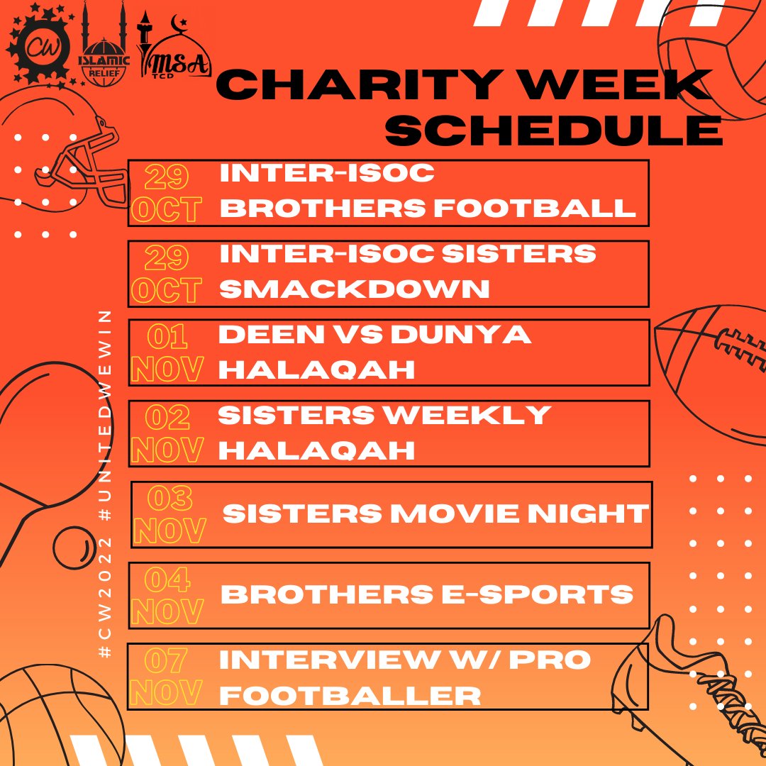 Charity Week Schedule!!!🥳🥳🥳🥳

This year's theme is
🏑🏐⚽️ 🏏🎾SPORTS 🏓🏉🏸🏀

We will be raising funds at these events and here is the link to donate justgiving.com/fundraising/cw…

#CW2022 #CharityWeek #UnitedWeWin