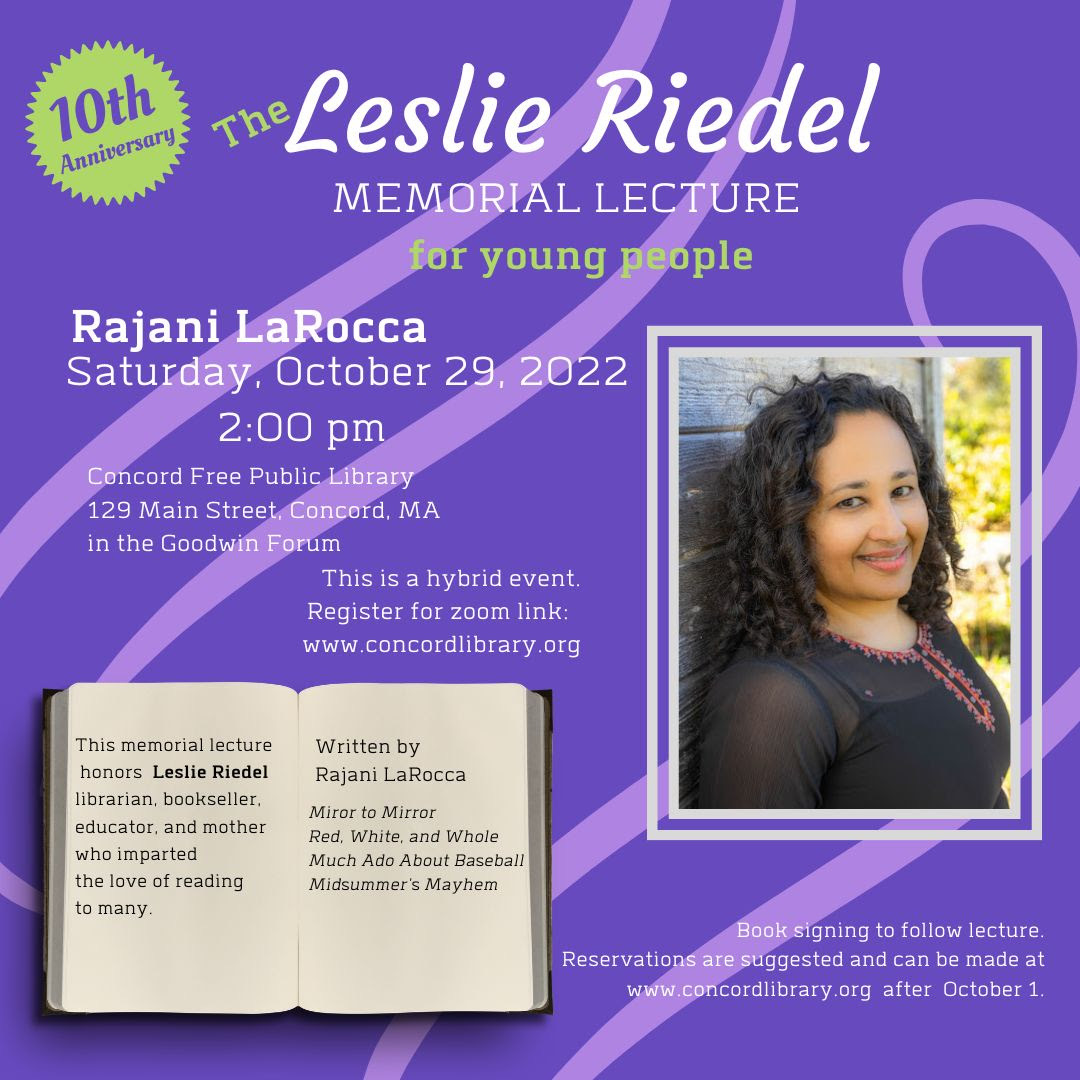 Concord Festival of Authors (@concord_fest) on Twitter photo Concord’s @rajanilarocca, author of many books for children and young adults, will be honored as the 2022 Leslie Riedel Memorial Lecture Series presenter and award winner. Join us today at 3pm in person at @CFPL_Updates or online. Learn more and register: concordfestivalofauthors.org/leslie-riedel-… Concord’s @rajanilarocca, author of many books for children and young adults, will be honored as the 2022 Leslie Riedel Memorial Lecture Series presenter and award winner. Join us today at 3pm in person at @CFPL_Updates or online. Learn more and register: concordfestivalofauthors.org/leslie-riedel-…