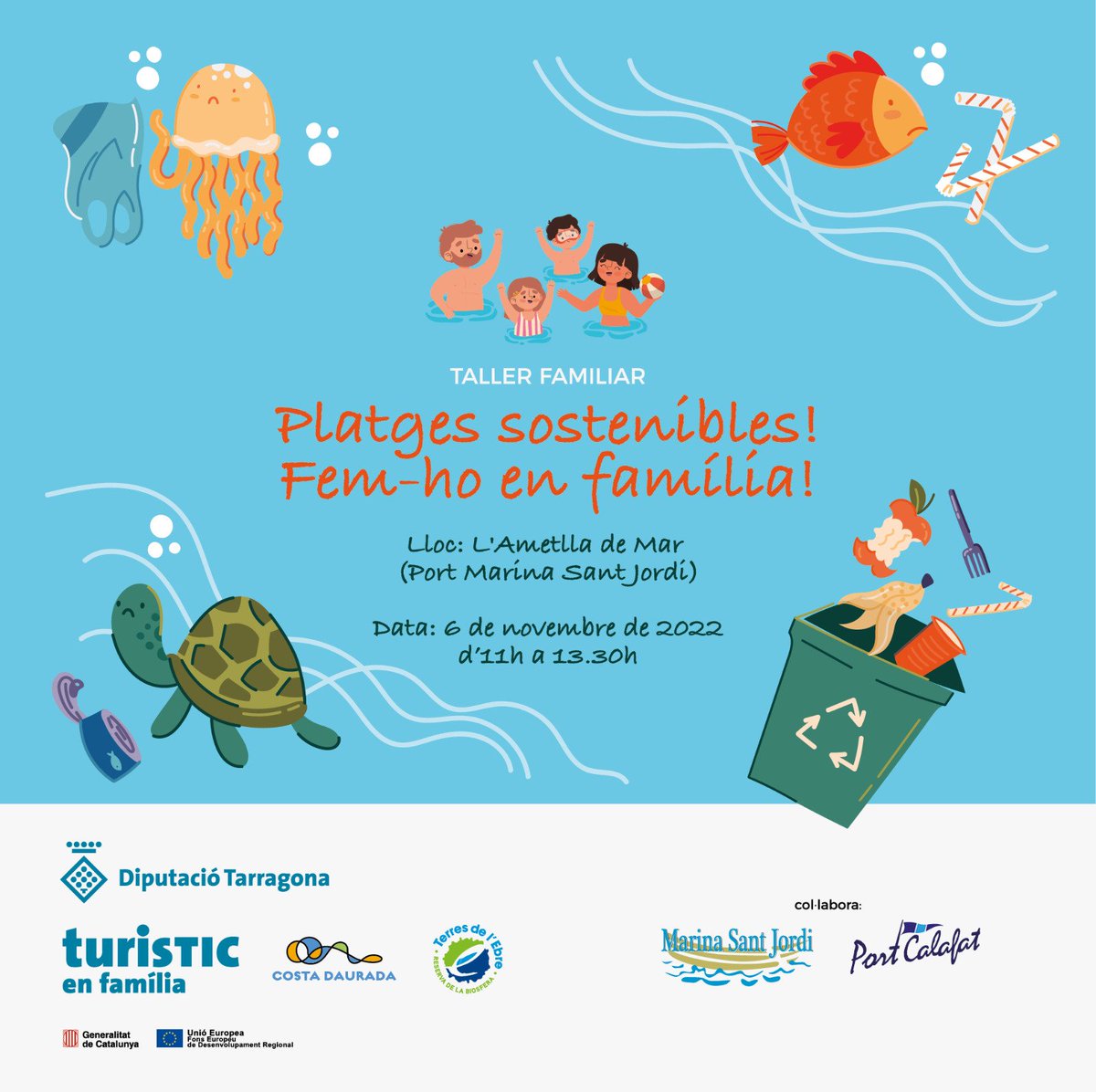 VINE A DIVERTIR-TE EN FAMÍLIA diumenge 6️⃣ de novembre: taller familiar gratuït 👨‍👩‍👧‍👦 a @PortCalafat #AmetlladeMar (amb pica-pica inclòs 😜) q organitza @Dipta_cat 💡Ideal x famílies amb nens/es de 3 a 12 anys. 📝Places limitades! Inscripció obligatòria a forms.gle/5h1L1PyPkGWpr9…