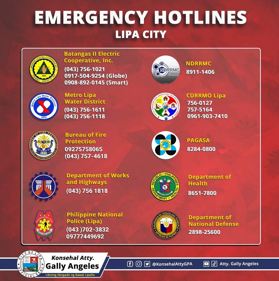PAALALA: Narito ang mga Emergency Hotlines na maaari nating tawagan ngayong may banta ang Bagyong #PaengPH. 
Sabay sabay po tayong manalangin para sa kaligtasan ng bawat isa satin at patuloy po tayong mag-ingat. Keep safe everyone! 

Batangas