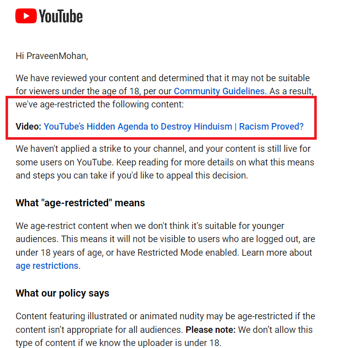 IamPraveenMohan's tweet photo. Suppression after suppression 😤YouTube has restricted Yet Another Video. WHY would this video be age-restricted? 😤🤔
https://t.co/eNbGblBuhi

#Antihindu #hinduphobic #YouTube #suppression #Hindu #Temples #savehindutemples #savehinduism #India https://t.co/gSP81XNXXa
