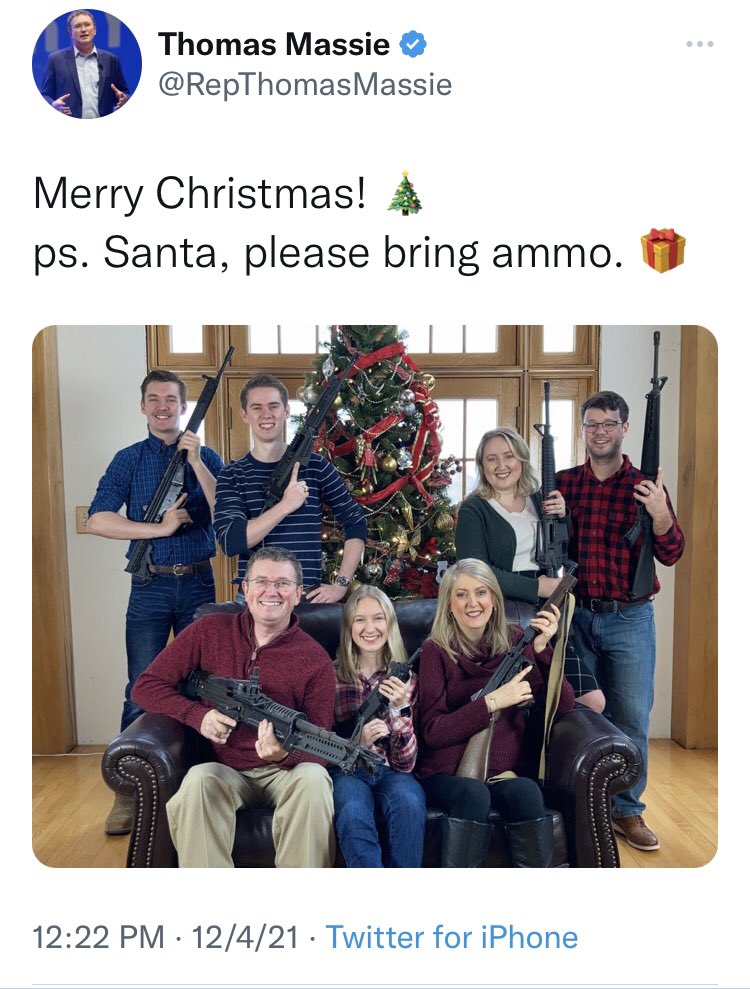 ProDemocracyRTs's tweet photo. Why is there an atmosphere of political violence in this country? Let’s ask Republican Rep. Thomas Massie, who celebrated the birth of the Prince of Peace this way last year. https://t.co/BAZkibBzIN