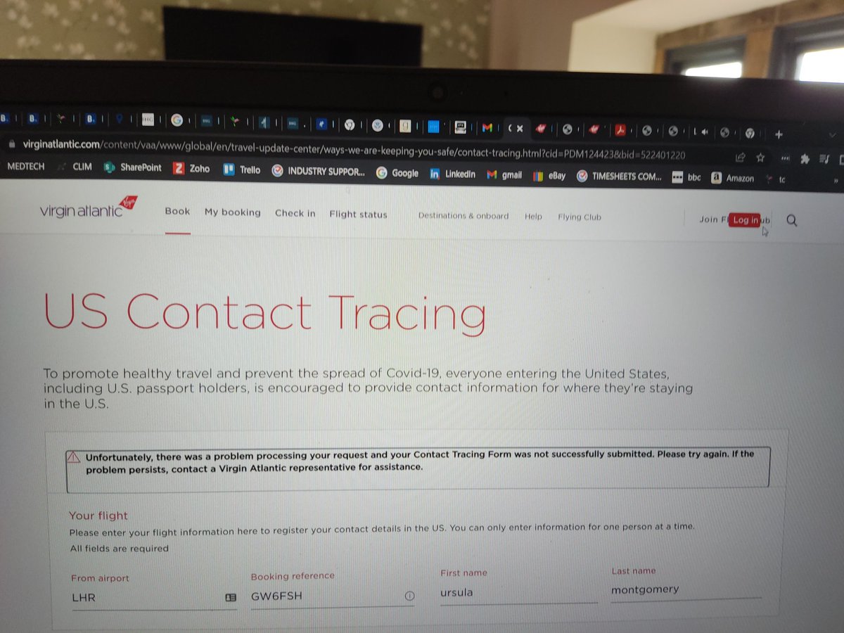 sheltonphd's tweet photo. @VirginAtlantic the contact tracing form isn't working. Is this essential or can I fill in another way. Tried lots of times now. Going to USA https://t.co/7r5IDPaDLg