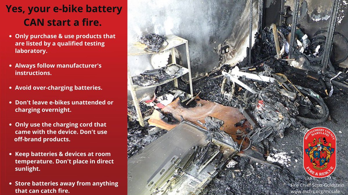 🛵YES, your e-bike battery can start a fire! Lithium ion batteries--commonly found in everything from cell phones & laptops, to e-bikes, scooters, & electric cars--can store large amounts of energy. Improper care, charging & storage of batteries can result in fires. @mcfrs tips: