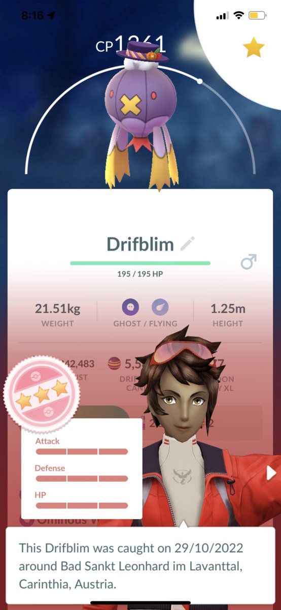 Cloudy9Pokemon's tweet photo. My 2nd Hundo Costume Drifblim after return. Thank you @KraigzzPoGo for the invite, my 2nd raid today clearing pass https://t.co/wmJjtCg3xN