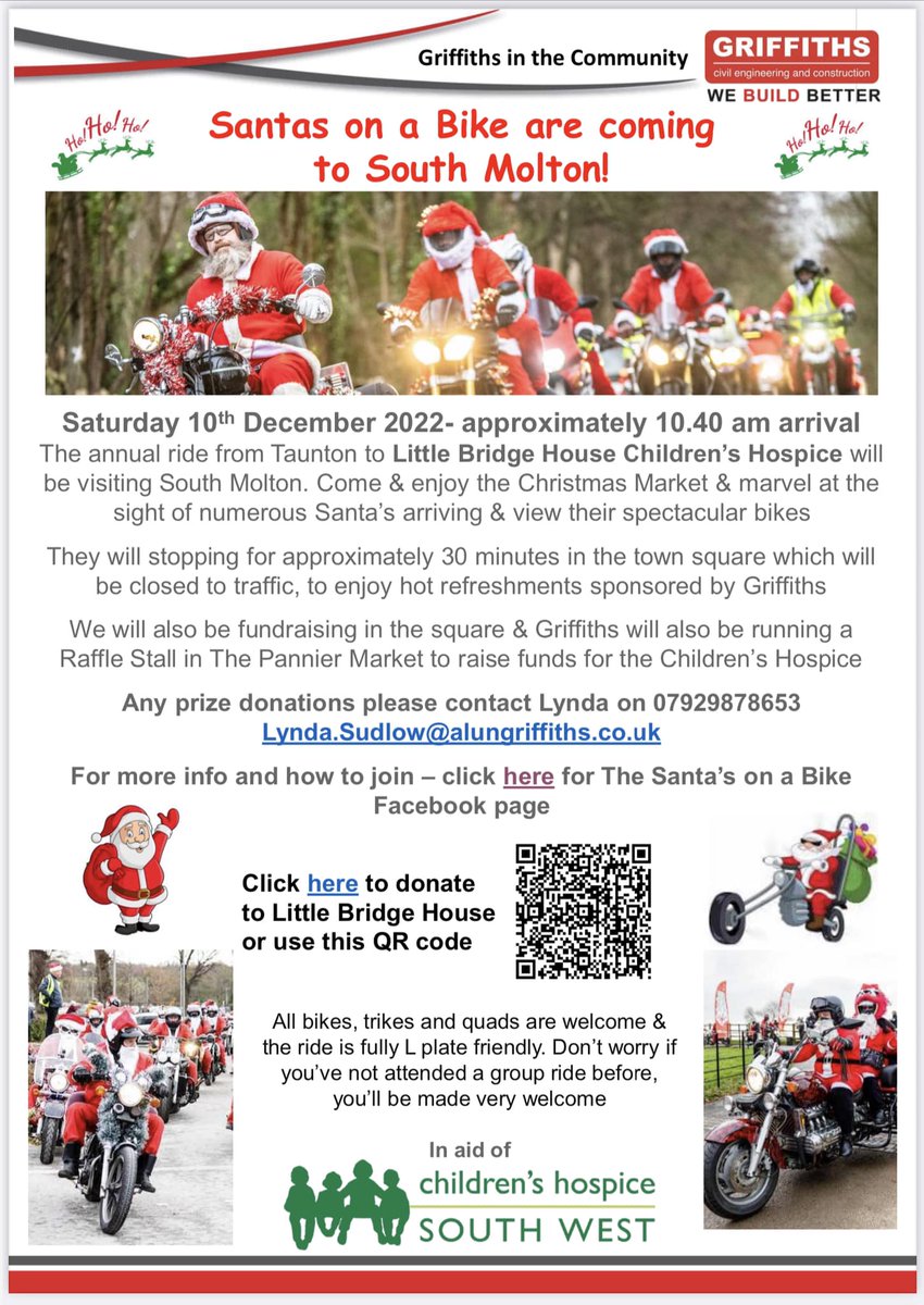Santa's on a Bike are coming to @southmoltontown

Saturday 10th December 2022. Come and enjoy the Christmas market and the sight of numerous Santas and their spectacular bikes

Full details at santasonabike.org.uk/devon