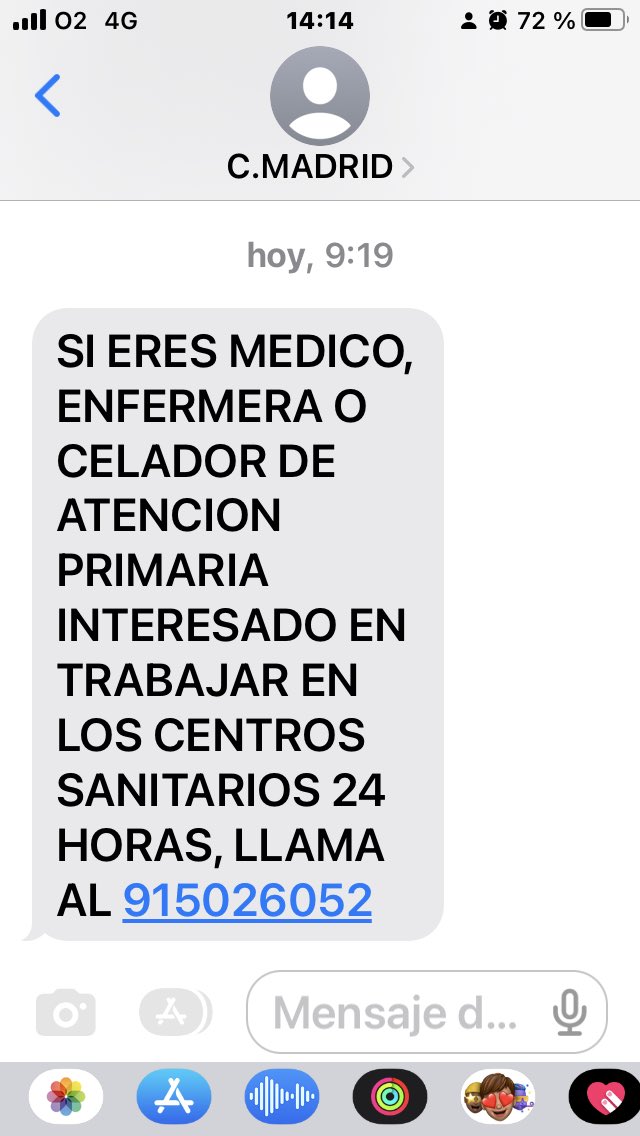La consejería de sanidad de Madrid me ha enviado este cariñoso sms esta mañana.
Parece que la gestión de recursos humanos no se está dando bien.