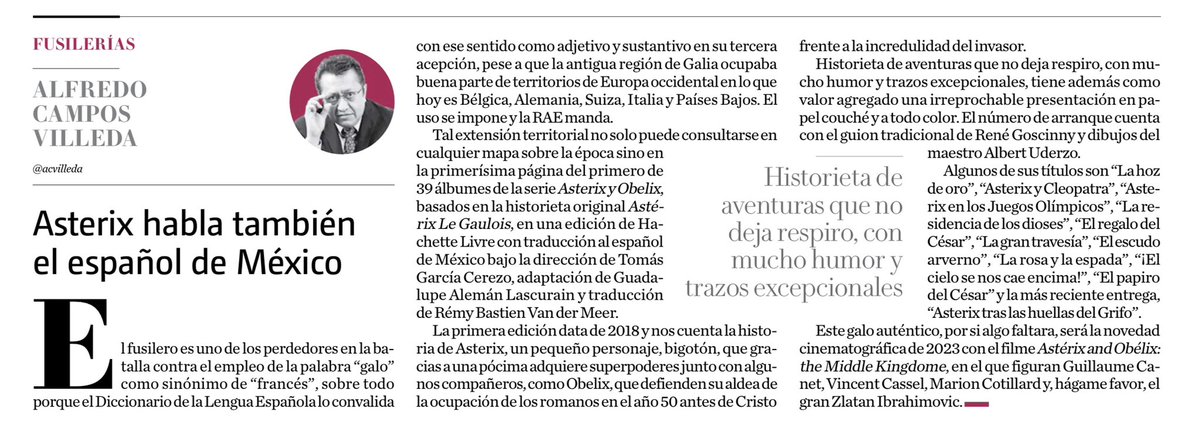 ckreart's tweet photo. Hoy la lectura atenta de @acvilleda nos hace un guiño a la cultura popular a través de “Asterix” el famoso cómic francés. 

“Asterix habla también el español de México”. 

Hoy en @Milenio @mileniodiario 

@Larousse_latam @LAROUSSEDLC https://t.co/DnNXsuQtjt