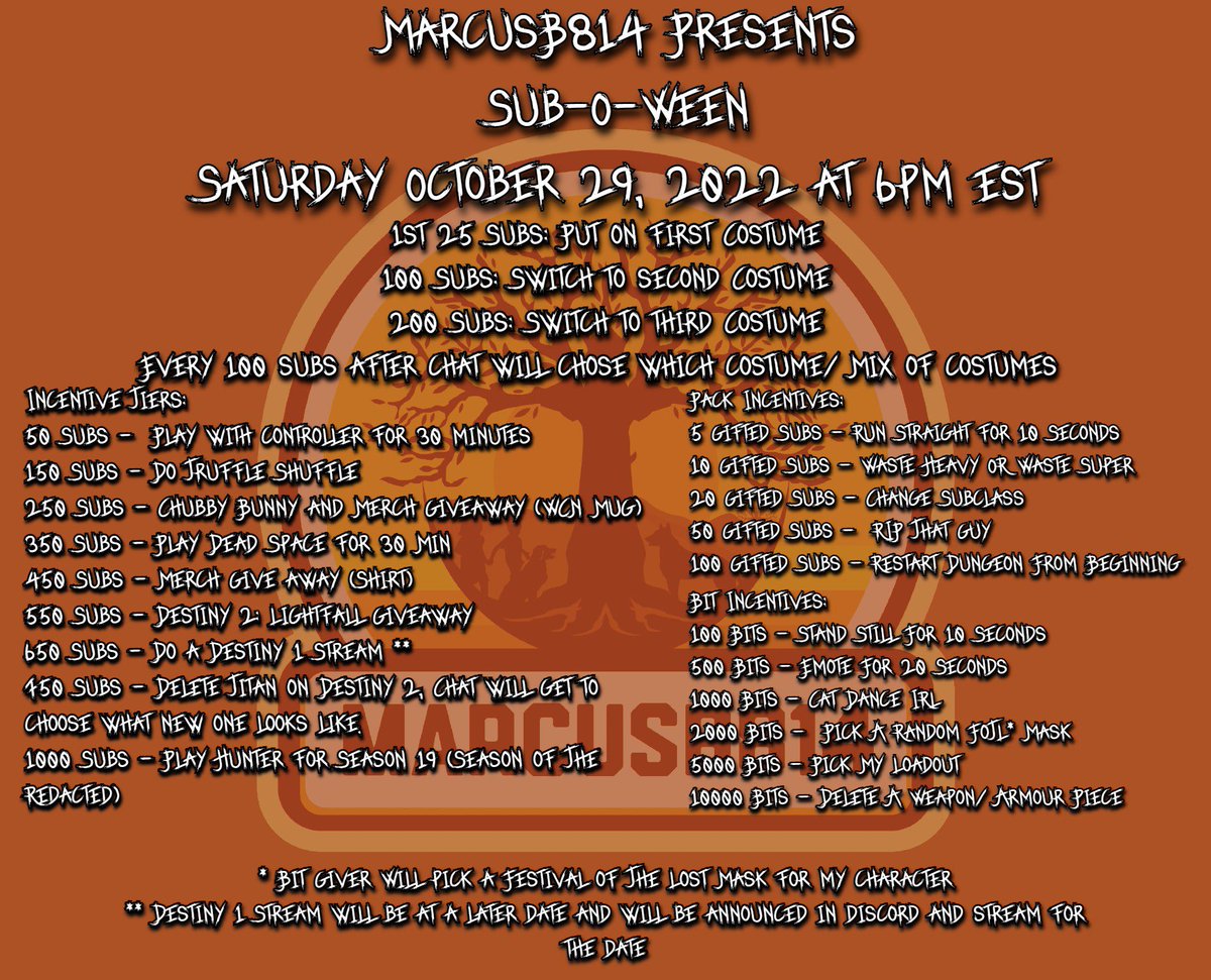 MarcusB814's tweet photo. TODAY IS THE DAY!! 5pm est! https://t.co/GQk7T2HNpy
Sub O Ween!!! Costumes, Sub Incentives, Solo Dungeon, LOTS OF FUN!!
Come by tonight!
#destiny2 #bungie #twitch #workingclassnerds https://t.co/6bYQZArhQY