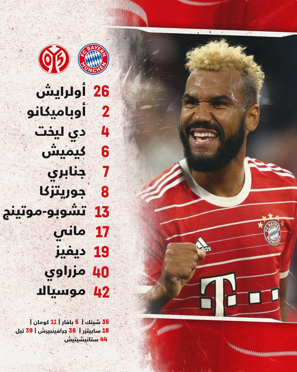 FCBayernAr's tweet photo. تشكيل البافاري لمباراة #بايرن_ماينتس 📋

 #باكماس #ميا_سان_ميا https://t.co/apMAHU78qd