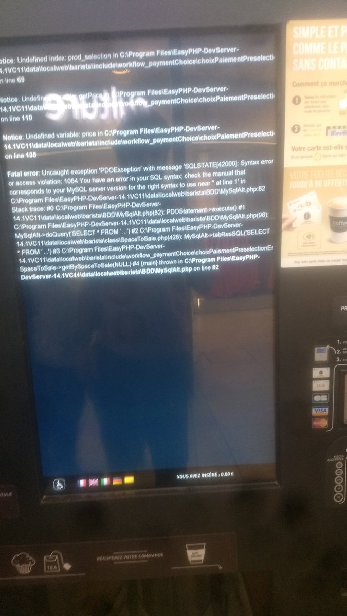 elsuperseby's tweet photo. Quand le distributeur de café a une erreur de syntaxe SQL 😅🤪 https://t.co/oZkQ0vGE6M