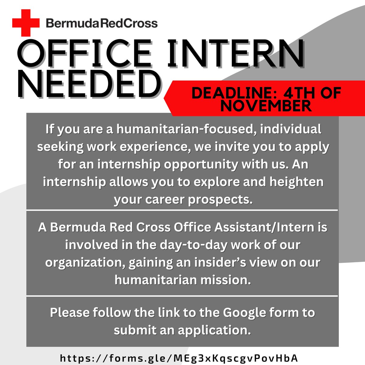 BermudaRedCross's tweet photo. LAST DAY TO APPLY!

Join the Red Cross Team!
Internship Program (Paid)

APPLY HERE: https://t.co/ArG33T0vW9 https://t.co/wNVtKBxgEH