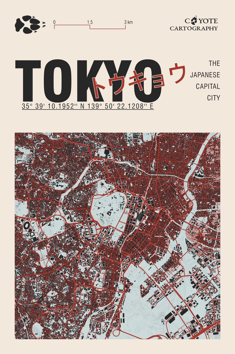 CoyoteCarto's tweet photo. Still a work in progress, but a #MoviePoster inspired #Map of #Tokyo #Japan #cartography #qgis https://t.co/ymYIVOubfF
