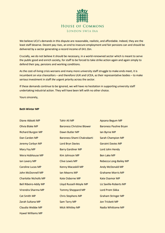 .@UCU's demands in their dispute are reasonable, realistic and affordable. That's why 50 MPs and Peers have written to @UCEA1 and @UniversitiesUK urging them to invest in their staff. #ucuRISING