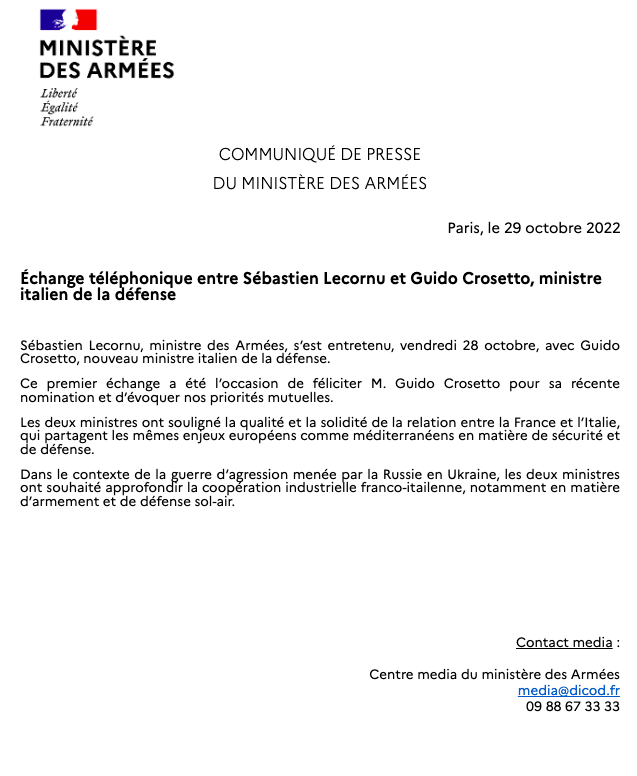 Premier échange téléphonique hier entre @SebLecornu, ministre des Armées, et son homologue italien Guido Crosetto concernant sa récente nomination. Pour en savoir plus, voir le communiqué du ministère des Armées ⤵️ #NotreDéfense