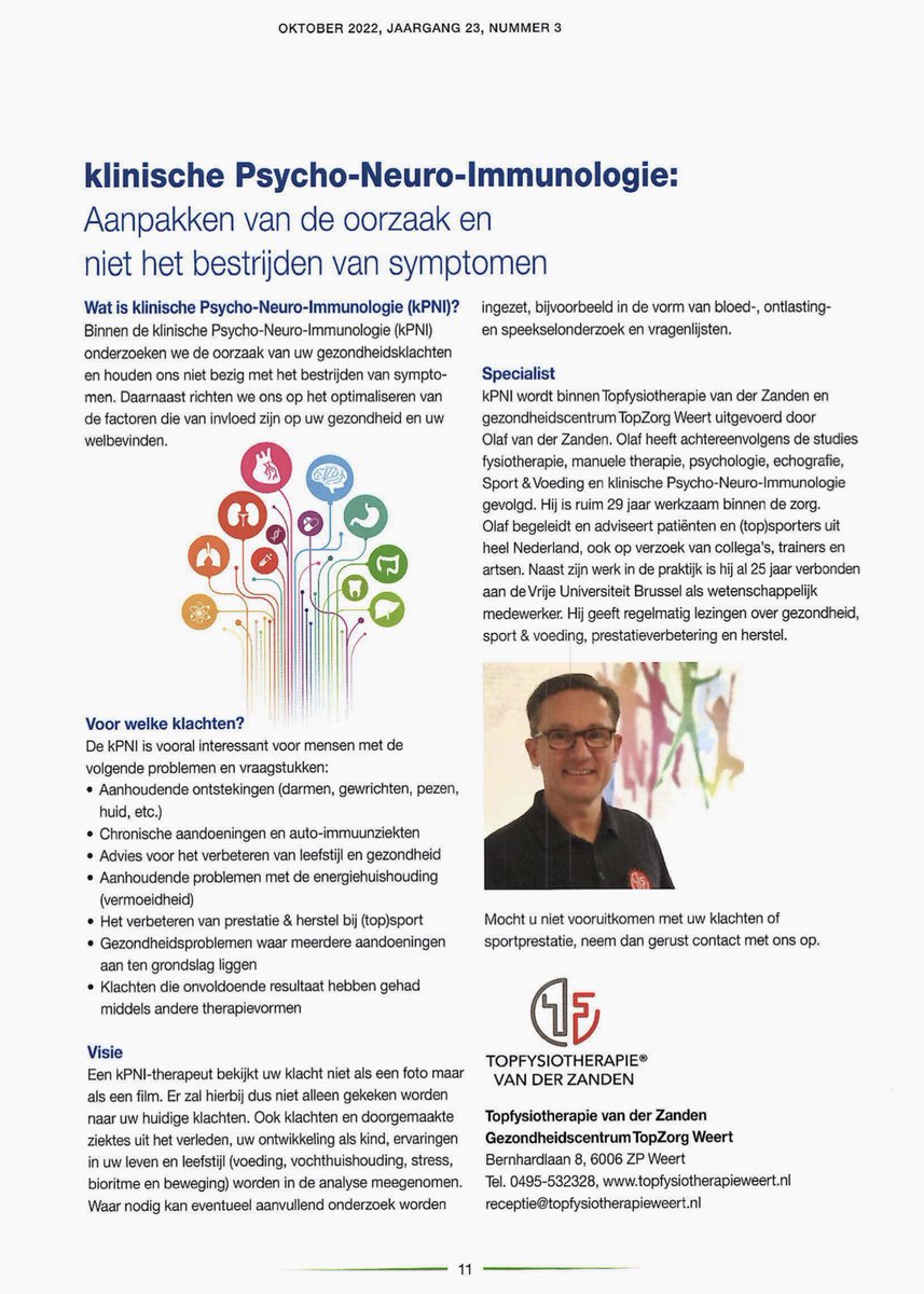 Informatief artikel in de wijkkrant Moesel over de klinische Psycho-Neuro-Immunologie, waarin onze collega en praktijkhouder <a href="/olafvdzanden/">Olaf van der Zanden</a> is gespecialiseerd. #kPNI #leefstijl #gezondheid #psychologie #neurologie #biochemie #immunologie #endocrinologie #fysiologie