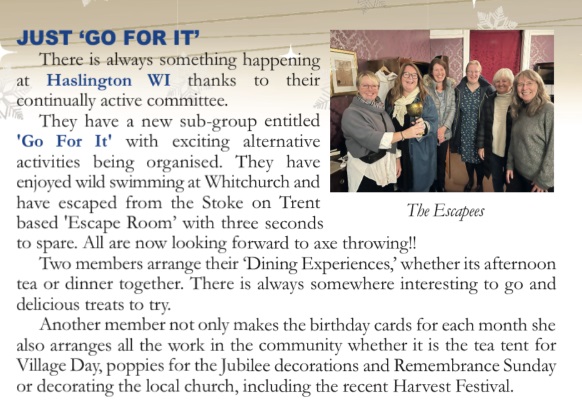 We made Cheshire News again thanks to our wonderful committee members organising our events.
Sue makes birthday cards for members and organises community events.  Janet and Amanda organise our dining experiences and Anne organises our new 'Go For It' events - Axe throwing next
