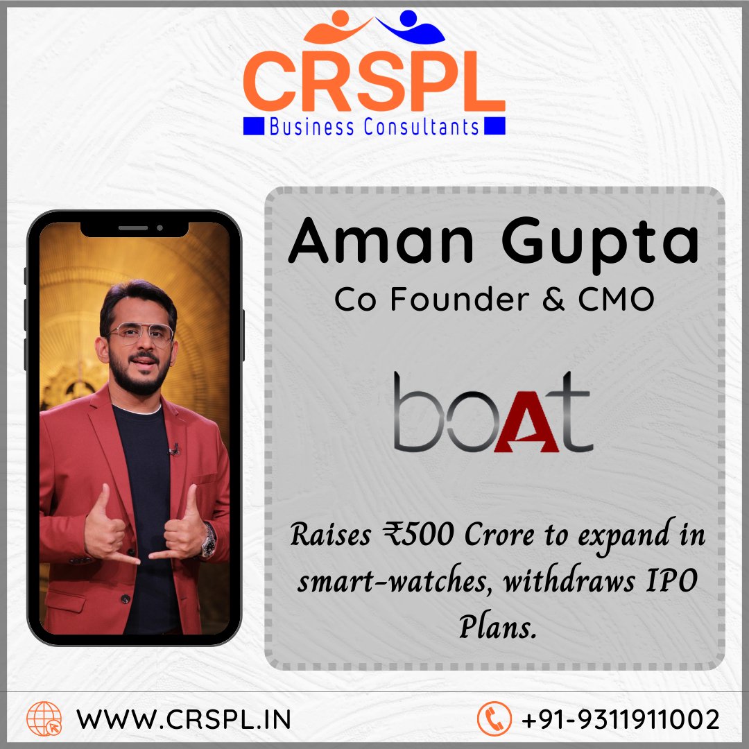 thecrspl's tweet photo. Aman Gupta Co Founder & CMO OF BOAT raises βΉ500 Crore to expand in smart-watches, withdraws IPO Plans.
#crspl #thecrspl #startup #motivation #sharebazarnews #sharemarketindia #sharemarketnews #stockmarketnews #boataudio #sharktank #stockmarkets #businessnews #marketnews https://t.co/7yUAyDxeoe