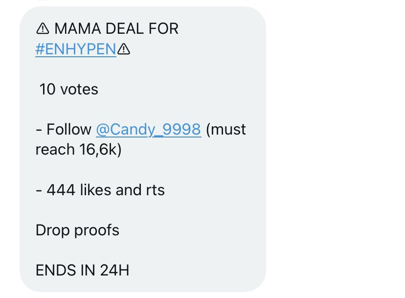 kath_psh's tweet photo. ⚠ MAMA DEAL FOR #ENHYPEN⚠

 10 votes

- Follow @Candy_9998 (must reach 16,6k) 

- 444 likes and rts 

Drop proofs

ENDS IN 24H

#ENFuelUp #ENVOOSTERS https://t.co/XEYpFBjwQN