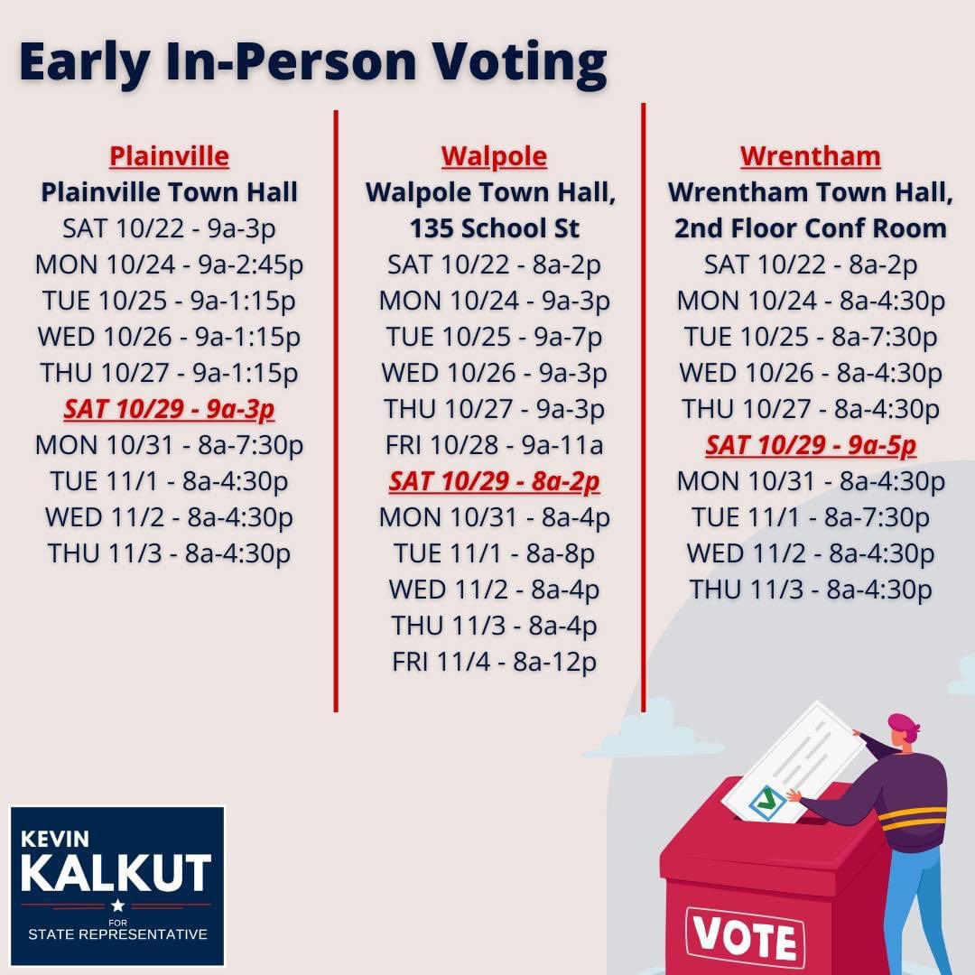 KevinKalkut's tweet photo. Today is the LAST SAT to vote in-person in each of the six #9thNorfolk towns. Hours in red below, swing by your local polling location and say hi to your friendly neighborhood Town Clerk! #kalkut4rep #mapoli 

#MedfieldMA #MillisMA #NorfolkMA #PlainvilleMA #WalpoleMA #WrenthamMA https://t.co/555WmsodvN