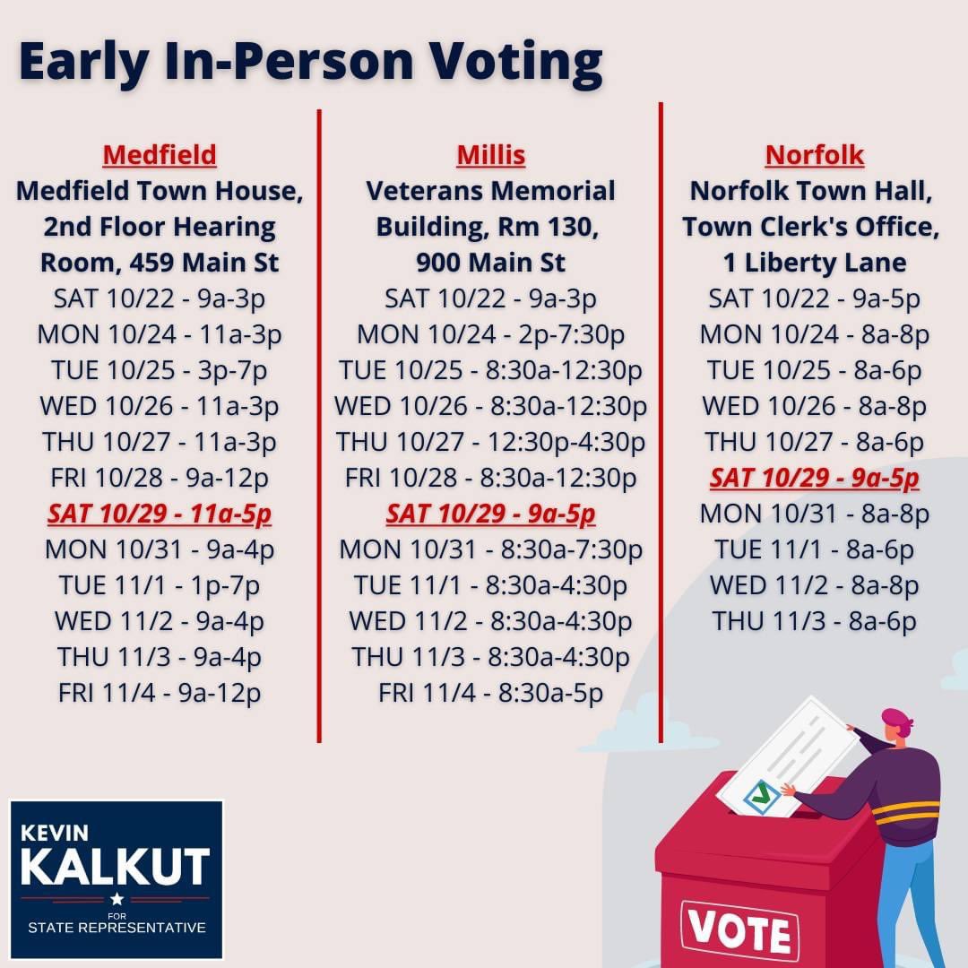KevinKalkut's tweet photo. Today is the LAST SAT to vote in-person in each of the six #9thNorfolk towns. Hours in red below, swing by your local polling location and say hi to your friendly neighborhood Town Clerk! #kalkut4rep #mapoli 

#MedfieldMA #MillisMA #NorfolkMA #PlainvilleMA #WalpoleMA #WrenthamMA https://t.co/555WmsodvN