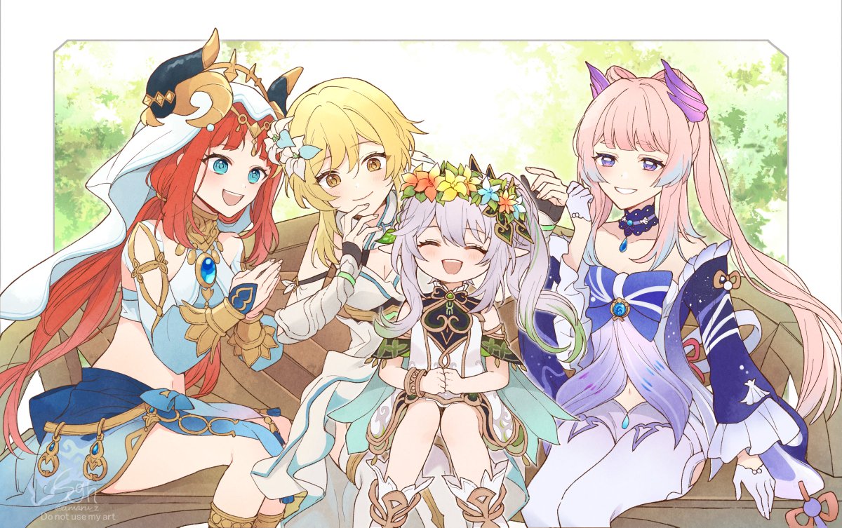 lumine (genshin impact) ,nahida (genshin impact) ,nilou (genshin impact) ,sangonomiya kokomi 4girls multiple girls hair ornament blonde hair horns dress smile  illustration images