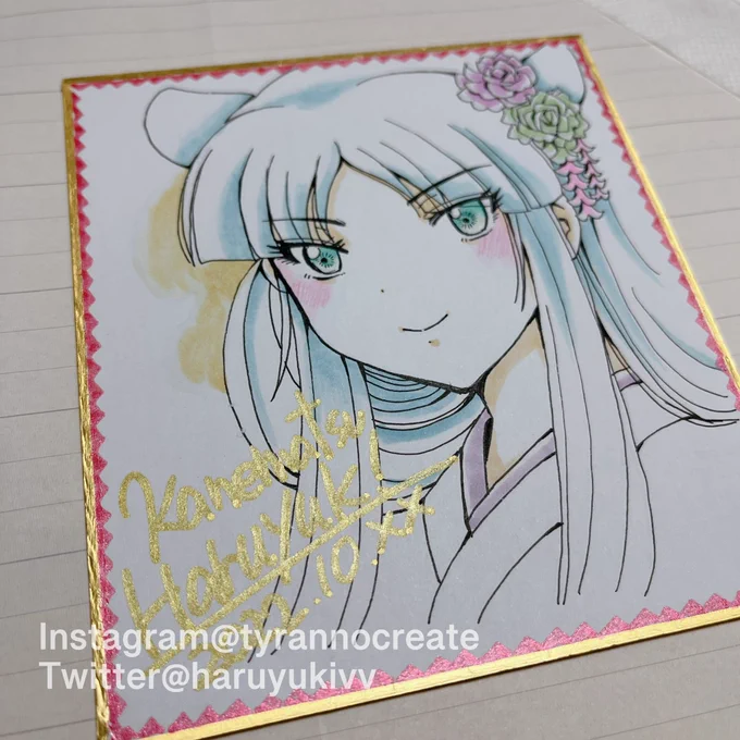 オータムフェスティバル中に野外でちまちま描いていた四神白猫ちゃんの色塗り完成こちらも明日持って行きます  #一次創作 #オリジナル #色紙 #手描き #アナログ #美濃市ビジュアルアート展