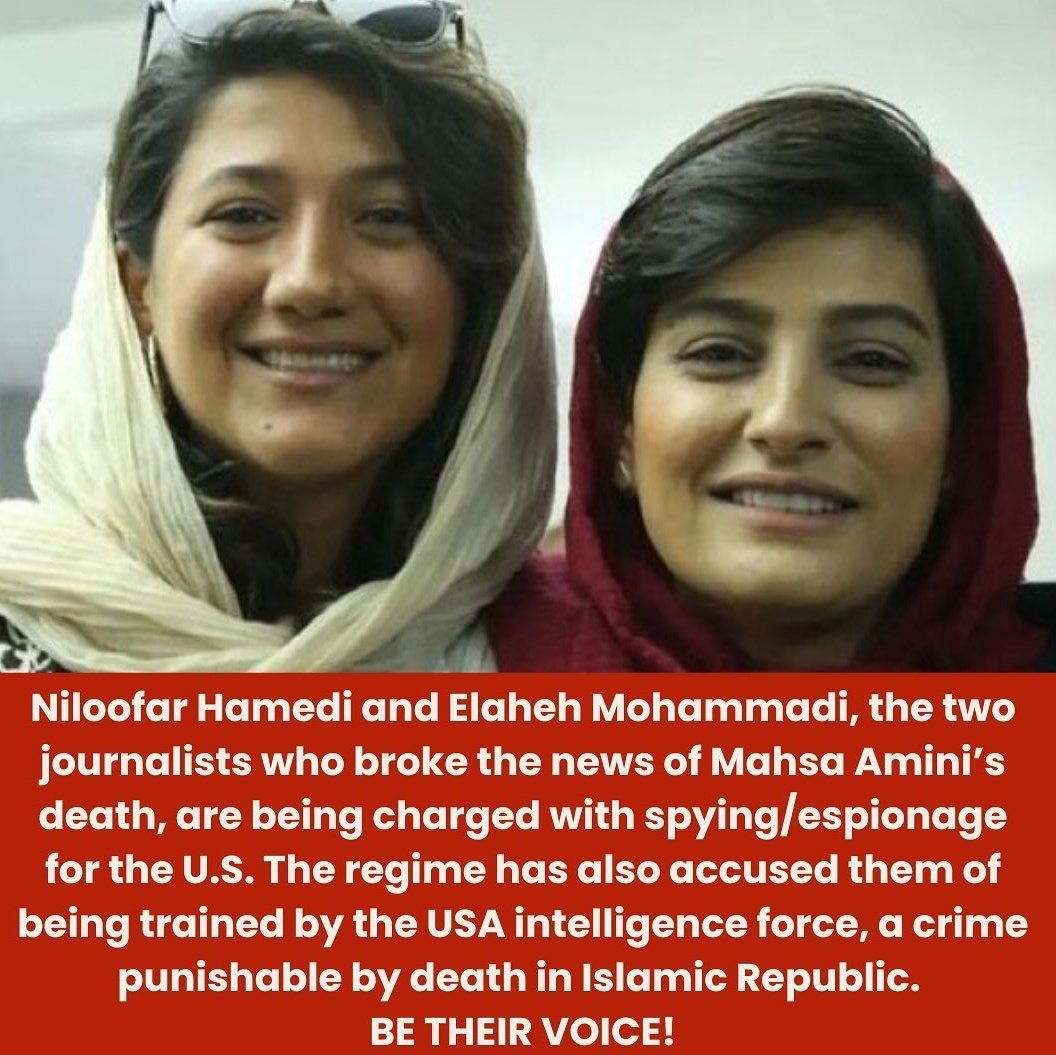 sisteroamf's tweet photo. Please be the voice of #NiloufarHamedi and #ElaheMohammadi, the two journalists who announced the death of Mahsa Amini and now were convicted of spying for America and being taught by America, a crime that is punishable by death in the Islamic Republic.
#مهسا_امینی https://t.co/6sCY4Oqtl3