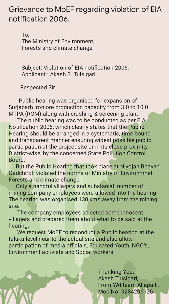 akashtulsigari's tweet photo. @moefcc Please look into this matter and  reconduct a Public hearing at the taluka level near to the actual site and also allow participation of media officials, Educated Youth, NGO's, Environment activists and Social workers.
@PakalwarSumit @bodhi_ramteke https://t.co/iF3mrZjpRn