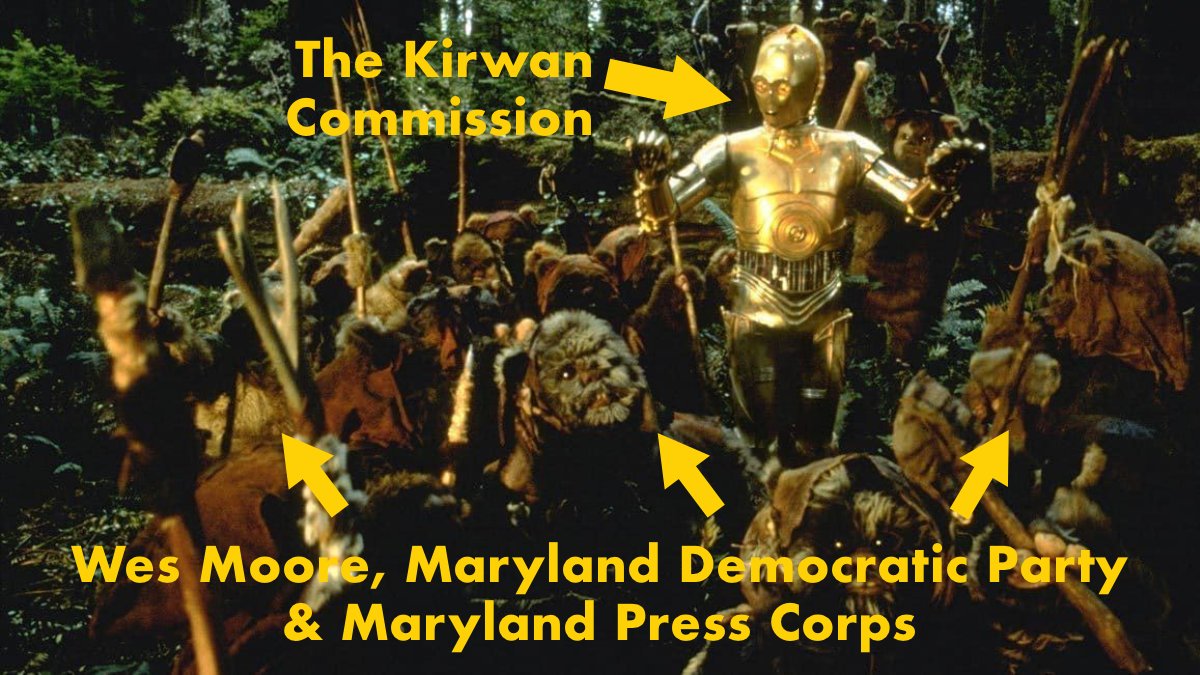 DavidLashar's tweet photo. Heard of the the Kirwan Commission on education? In short, it calls for billions to be poured into our under-performing school system w/out reliable accountability. Wes Moore, the Dem Party Machine, &amp; the Press Corps all bow to Kirwan. This Ewok-like religiosity needs to cease. https://t.co/ZGzyUB29GE