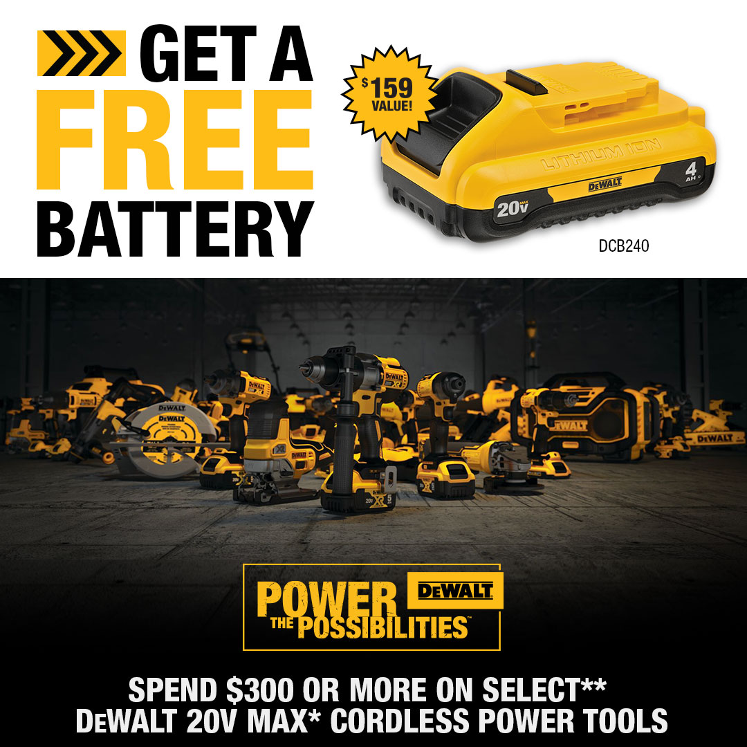 Our tools are made to POWER THE POSSIBILITIES™. Spend $300 or more on select** DEWALT 20V MAX* Cordless power tools and receive a free 4.0Ah Battery. Learn more: bit.ly/3S9At5Q #DEWALTTOUGH #POWERTHEPOSSIBILITIES #Battery #PowerTools #ConstructionLife
