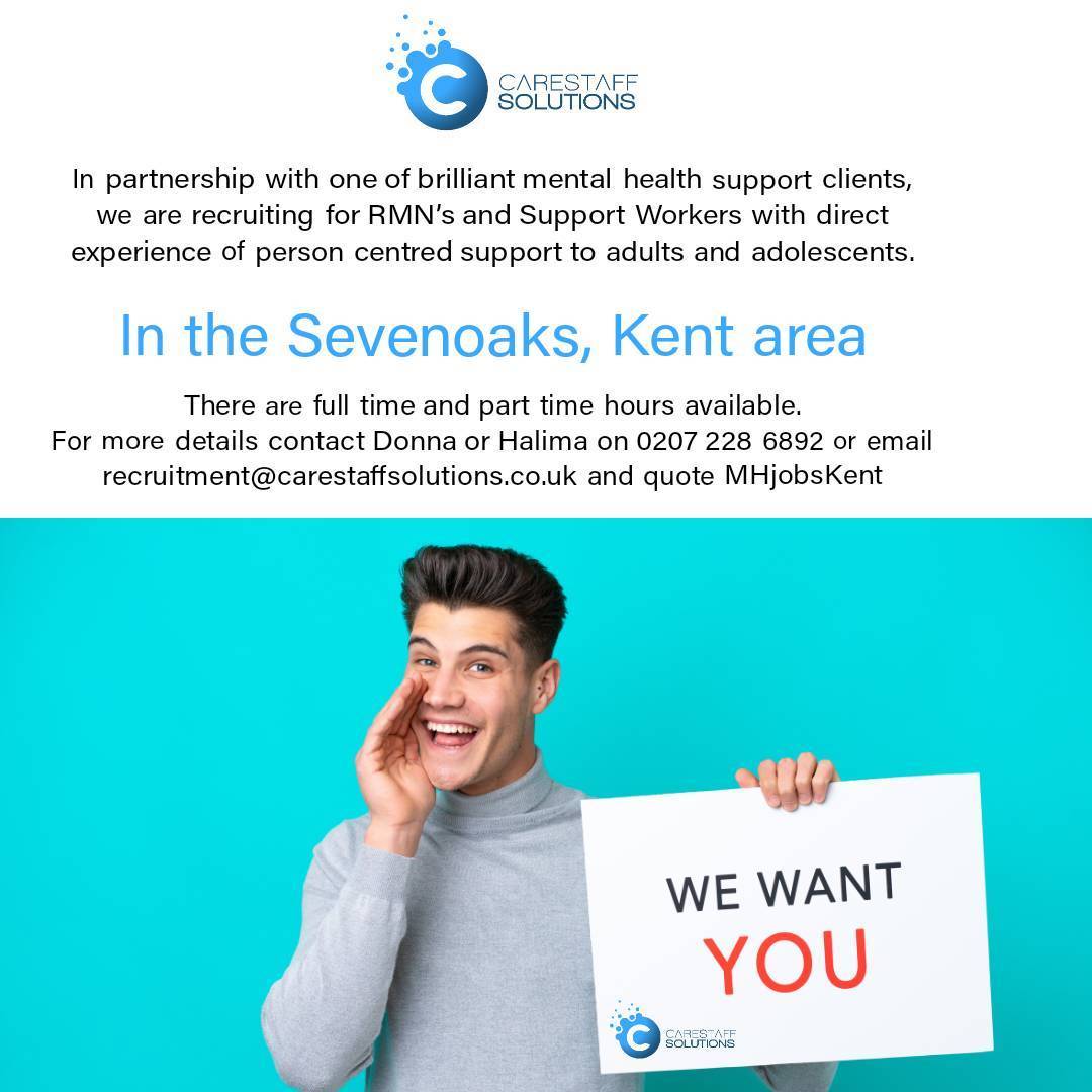 carestaff's tweet photo. Are you a RMN or Mental Health Support Worker in the Sevenoaks, Kent area ???
#carestaffsolutions #hereforyou #recruiting #jobs #mentalhealth #nurses #supportworkers #rmn #joinus https://t.co/l97lpyNdqu