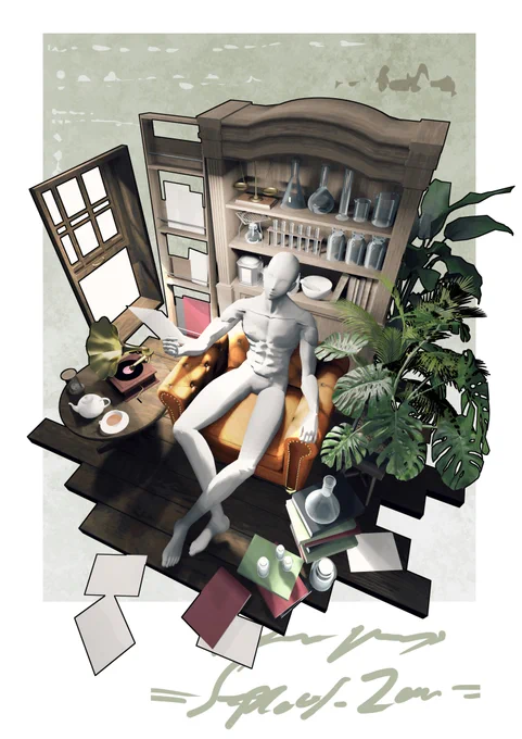 背景のみデータと途中ラフ稿(レンダリング画像ほぼそのまま)。今回の背景はBlenderで作った3Dモデルをレタッチして仕上げています。 