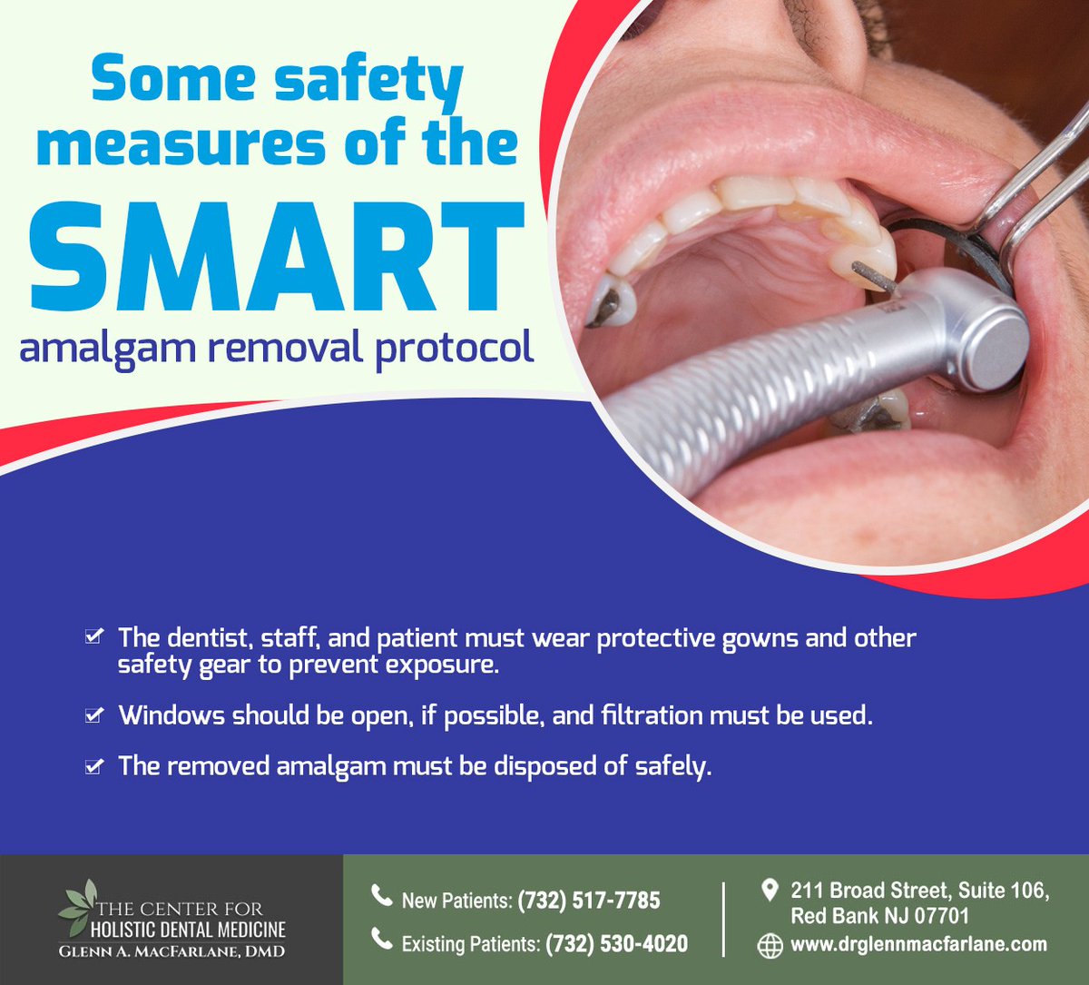 MacFarlaneDMD's tweet image. The International Academy of Oral Medicine and Toxicology (IAOMT) has laid down the SMART protocol to ensure the safety of everyone present during amalgam removal. Call (732) 517-7785 to schedule your appointment. #SMARTProtocol #IAOMT #GlennAMacFarlaneDMD #redbank #NJ
